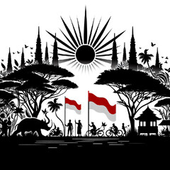 city ​​view with trees and indonesian flag (independence of indonesia)
