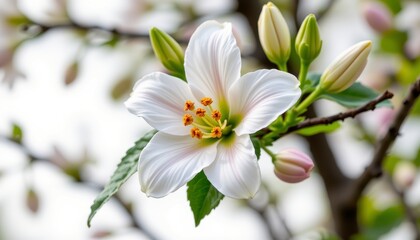 Fototapeta premium Delicate white flower blossoms against a soft blurred background in a serene spring garden