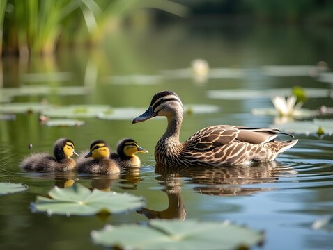 Mother duck with ducklings swimming among lily pads in a tranquil pond on a sunny day surrounded