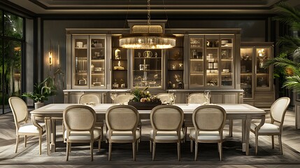 Fototapeta premium Elegant dining room interior with classic furniture and stylish lighting design