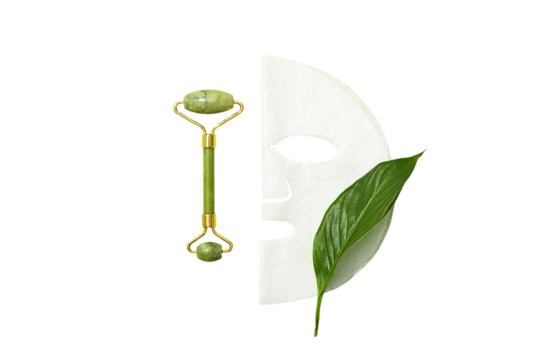 Jade roller & mask with green leaf, isolated on white, PNG