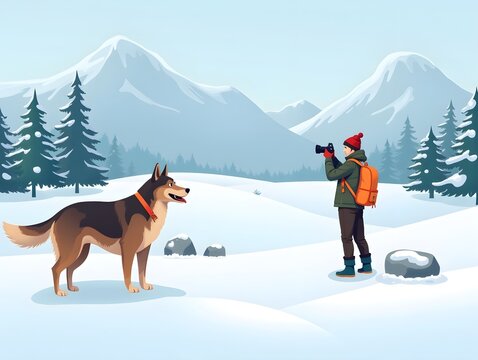 Man Photographing Dog in Snowy Landscape Winter Adventure Illustration