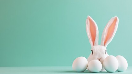 easter bunny ears white eggs on isolated pastel background with copyspace
