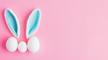 easter bunny ears white eggs on isolated pastel background with copyspace