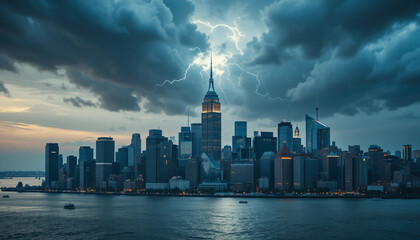 Dramatic Lightning Strikes New York City Skyline During Stormy Weather