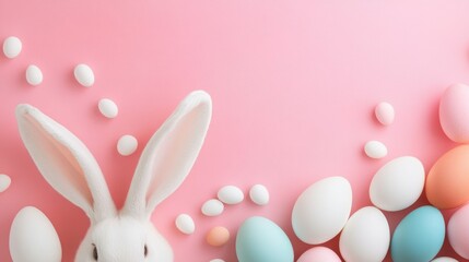 easter bunny ears white eggs on isolated pastel background with copyspace