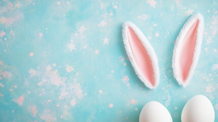 easter bunny ears white eggs on isolated pastel background with copyspace