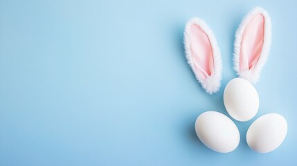 easter bunny ears white eggs on isolated pastel background with copyspace