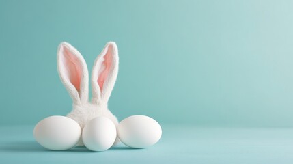 easter bunny ears white eggs on isolated pastel background with copyspace