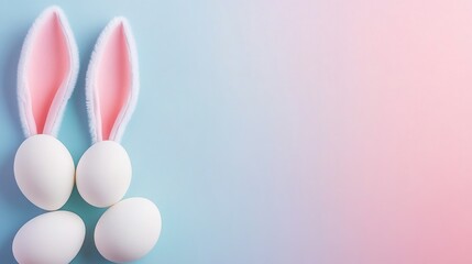 easter bunny ears white eggs on isolated pastel background with copyspace