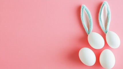 easter bunny ears white eggs on isolated pastel background with copyspace