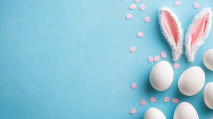 easter bunny ears white eggs on isolated pastel background with copyspace