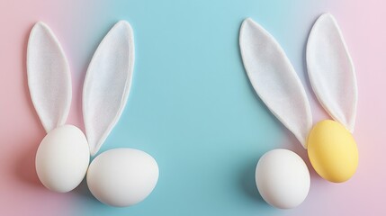 easter bunny ears white eggs on isolated pastel background with copyspace
