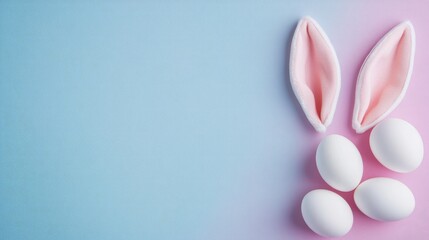 easter bunny ears white eggs on isolated pastel background with copyspace