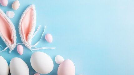 easter bunny ears white eggs on isolated pastel background with copyspace