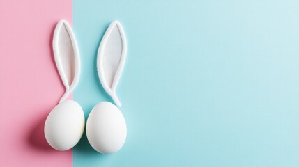 easter bunny ears white eggs on isolated pastel background with copyspace
