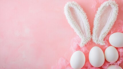 easter bunny ears white eggs on isolated pastel background with copyspace