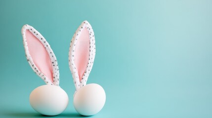 easter bunny ears white eggs on isolated pastel background with copyspace