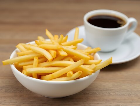 A bowl of french fries and a cup of coffee on a table