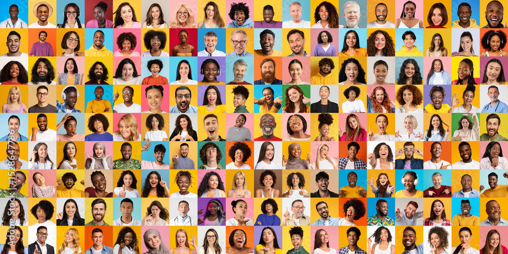 Poster a vibrant collage featuring a diverse collection of faces from various backgrounds.