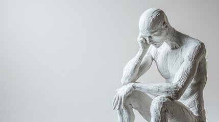 Naklejka premium A pensive white statue of a man sits, hand to his face, against a light background.
