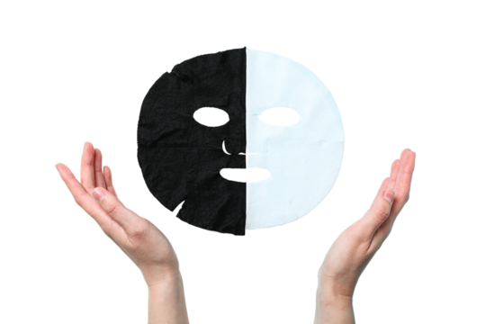 Hands show a two-tone skincare mask, isolated on white, PNG