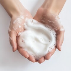 Fototapeta premium Hands holding white foamy lotion against white background, conveying a gentle atmosphere of cleaning and skincare.