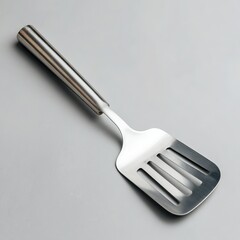 Stainless steel spatula on gray background, showing a simple and practical kitchen utensil image.