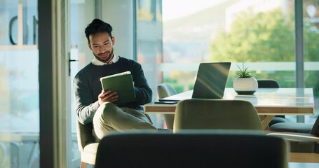 Tablet, laptop and business man in office for banking, review account and financial email. Technology, research and worker on internet for investment report, loan or risk assessment with credit score - Powered by Adobe