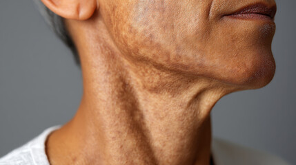 Acanthosis nigricans is visible on neck of adult with darkened thickened skin patches showing velvety texture and uneven pigmentation, highlighting common dermatological condition