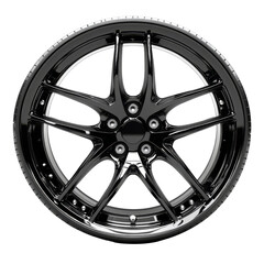 Obraz premium Sleek black car wheel rim with a modern five-spoke design on white