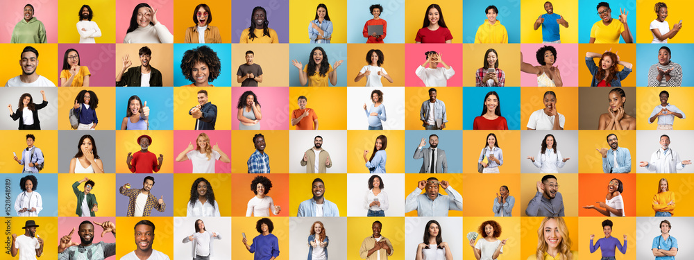 Poster a vibrant collage of diverse individuals showing unique expressions and styles against bold backdrop