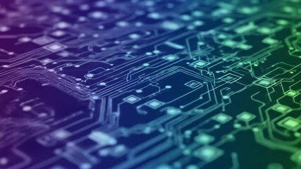 Abstract close-up of a circuit board, showcasing intricate pathways and components in a vibrant teal and purple gradient.  The image suggests technological complexity and connectivity - Powered by Adobe