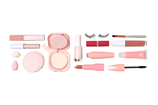 Variety of beauty items like lipsticks, isolated on white, PNG