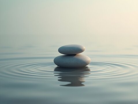 Flat Floating Pebble with Abstract Light Ripple and Copy Space concept as A smooth pebble floats in mid air with abstract light ripples emanating from it symbolizing the calming ef Cleans Set 3