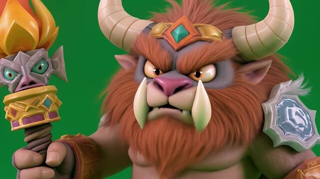Animated Front View Minotaur Holding a Burning Torch Isolated on Green Screen Ideal for VFX or Gaming Asset