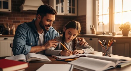 Student studying at wooden desk with open books in cozy sunlit room