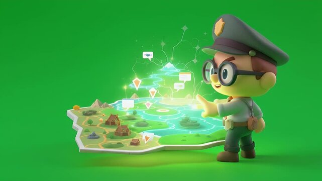 Animated Human Character Interacting with Glowing Map on Green Screen For Visual Effects and Gaming Isolated