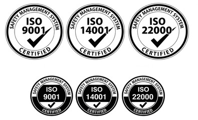 ISO 9001, ISO 14001, and ISO 22000 Certified Stamp Icons | Quality, Environmental, and Food Safety Management System Certification for Business Compliance and Assurance