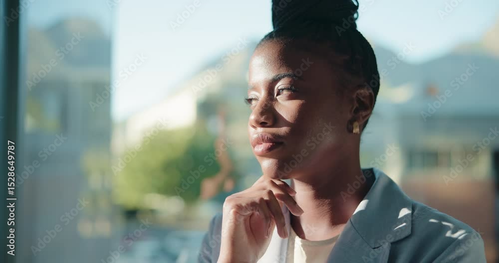 Poster business, thinking and black woman problem solving in office for idea or real estate insight. reflec