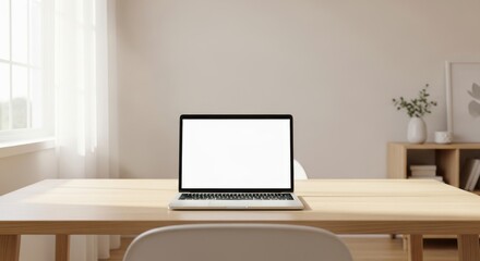 Fototapeta premium Blank laptop screen on wooden table in modern home office setting