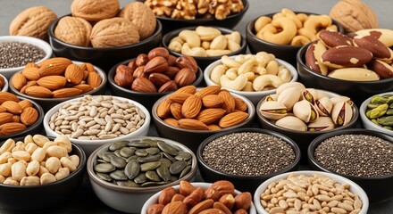 Colorful assortment of assorted nuts in ceramic bowls showcasing natural elegance