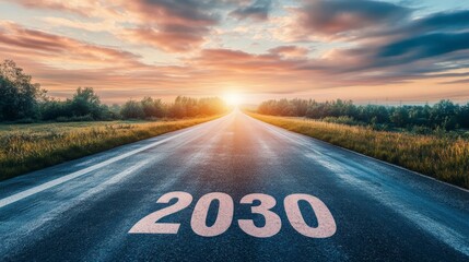 Empty asphalt road leading towards a vibrant sunrise, with '2030' painted on the surface, symbolizing a journey towards the future.