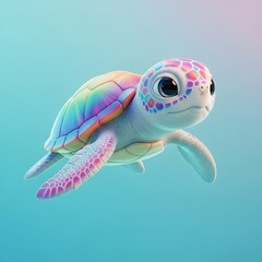 A vibrantly colored baby sea turtle swimming in soft pastel water background, rendered in 3D cute style