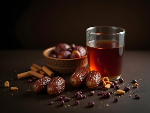 AI generated Ramadan food and drinks concept. Ramadan tea and dates fruits on dark background