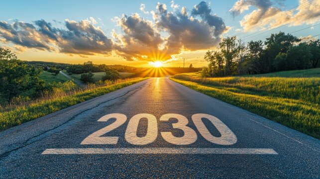 Asphalt road leading to a sunset with the year 2030 painted on it.
