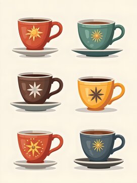 A set of colorful coffee cups with different designs