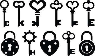 Collection of decorative keys and locks in black and white illustrating security and access