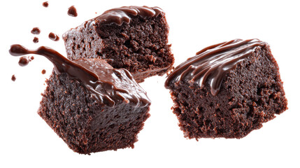 Three pieces of chocolate cake with chocolate drizzle