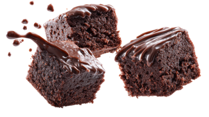 Three pieces of chocolate cake with chocolate drizzle